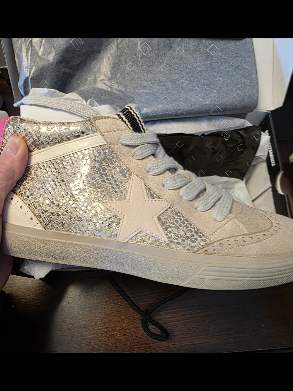 ShuShop Sparkle Star High-Top Sneaker in Pale Pink and Silver
